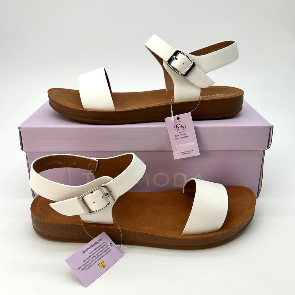 Womens Sandals Top Moda Faron Size 6.5 White Faux Leather Ankle Strap Flats NEW